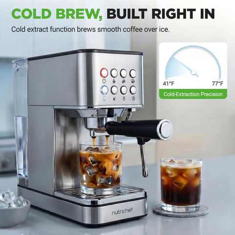 This Twenty Bar Espresso Maker Delivers Rich Bold Flavor With An Integrated Milk Frother And Roomy Removable Tank For Serving Silky Lattes And Americanos Through The Day In Premium Stainless Steel Housing, with cold brew feature.