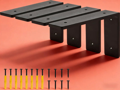 Heavy Duty 6 By 4 Inch L Shaped Shelf Bracket Set Pack Of 4 Metal Corner Braces with screws and anchors on red background