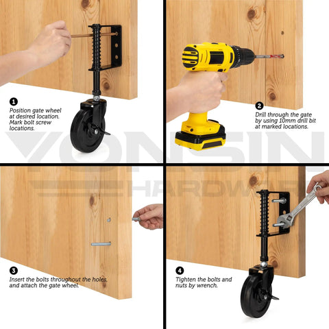 Built Tough Heavy Duty Spring Loaded Gate Caster With 360 Degree Swivel 4 Inch Gate Wheel Kit installation on wooden gate