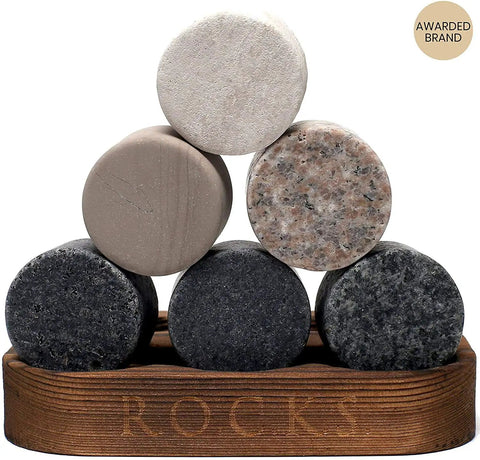 Eco Crystal Whiskey Gift Set With Handcrafted Granite Chill Stones And European Style 11.7 Oz Tumbler granite chill stones on tray