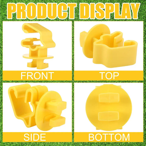 52 Piece Electric Fence Kit yellow T post insulator front, top, side, and bottom view for reliable containment.