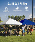 12x12 Ft Pop Up Canopy Tent With Instant Center Lock setup at a park with people, white and blue tents, outdoor event shelter.