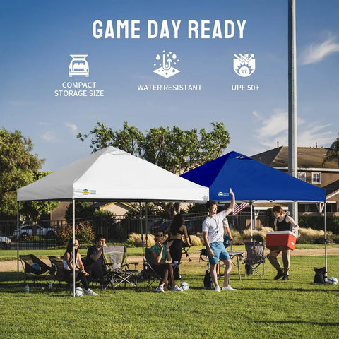 12x12 Ft Pop Up Canopy Tent With Instant Center Lock setup at a park with people, white and blue tents, outdoor event shelter.