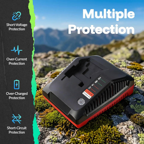Straight Up Rock Solid 18V Fast Battery Charger With 3.0 Amp Quick Charge And PCXVMC Design on rocky terrain showcasing protection features.