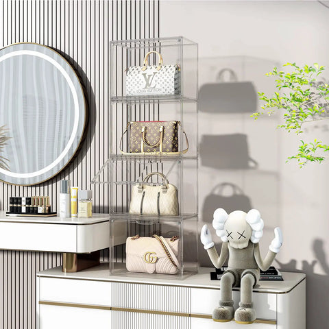 Clear Acrylic Handbag Organizer Set, 3 Pack Stackable Display Boxes With Magnetic Door For Purses Wallets And Collectibles