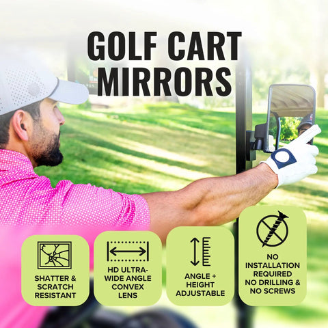 Man adjusting Magnetic Golf Cart Mirrors 2.0 No Drilling Ultra Strength Magnets Two Folding Side Mirrors on a golf cart.