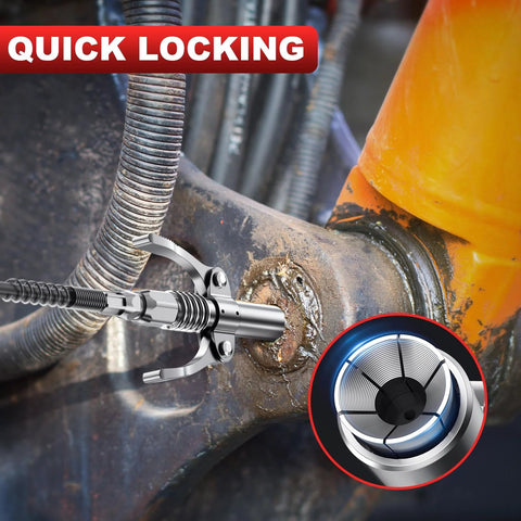 Installed Fantictas grease gun kit with quick-locking coupler on a rusted machinery joint; pistol grip and spring hose