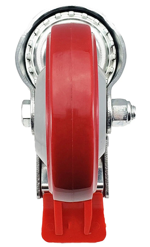 Heavy Duty Four Inch Caster Wheels With Quick Click Total Locking Brakes Fitting One Point Five Inch Id Leg Pipe For Smooth Rolling NSF Certified Kitchen Prep Table Boost, close-up view.