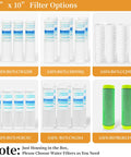 Image showing various 2.5 x 10 inch water filter cartridges compatible with Ten Inch Whole House Slim Water Filter Housing.