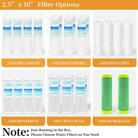 Image showing various 2.5 x 10 inch water filter cartridges compatible with Ten Inch Whole House Slim Water Filter Housing.