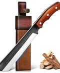 Beast Heavy Duty Japanese Machete Knife With Full Tang Blade next to wooden sheath and wood logs for cutting trees and bushcraft.