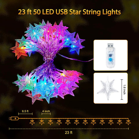 Color Changing Star String Lights USB Powered 23 Ft 50 LEDs bundle with star details and USB plug close-ups