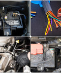 Collage of car battery installation, multi-colored cable bundle, wire connection with gloved hand, and battery terminal close-up.