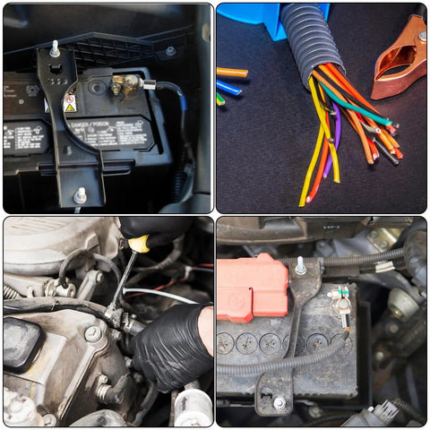 Collage of car battery installation, multi-colored cable bundle, wire connection with gloved hand, and battery terminal close-up.
