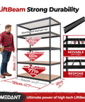 Heavy Duty Black Metal Shelving Unit Five Tier Garage Storage Rack dimensions with labels showing weight limits and user standing next to it.