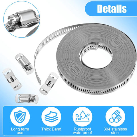 Heavy Duty 304 Stainless Steel Hose Clamp Kit With 32.8ft Adjustable Metal Strap And 30 Fasteners, Worm Gear Clamps detail view.