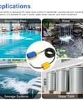 13ft Cable Float Switch Water Level Controller for pumps tanks pools and sewage systems shown with water applications