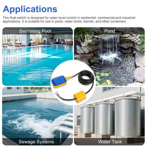 13ft Cable Float Switch Water Level Controller for pumps tanks pools and sewage systems shown with water applications