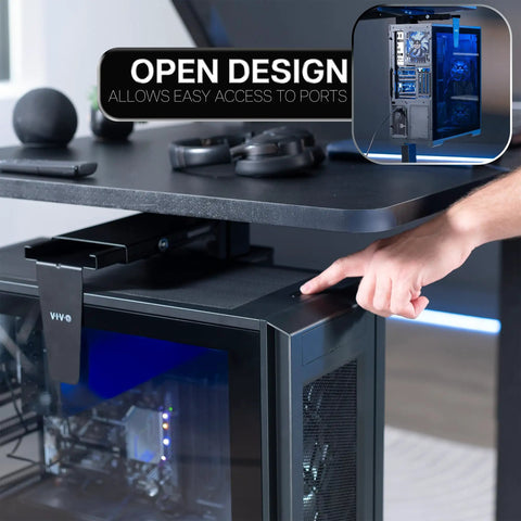 Hella Sturdy Clamp On Desk Leg Mount For Large PC Towers Under Desk CPU Storage Rack Easy Tool Free Setup Keeps Your Rig Off The Floor Gamer Battlestation Desk Organizer Black showcasing open design for easy port access.