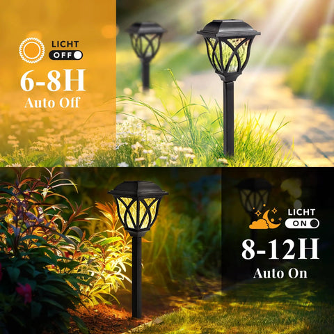 Six Pack Solar Outdoor Lights Waterproof LED Garden Decor in black, showing day and night auto-on features, illuminating garden.