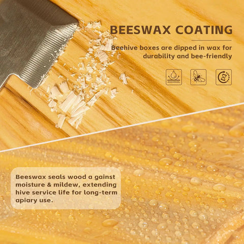 Close-up of beeswax coating on wooden part of 10 Frame Medium Bee Super Box With Beeswax Coating For Langstroth Hives showing durability.