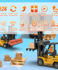 2 In 1 RC Forklift Toy With Transforming Lift And Hook Crane 11 Channel Remote Control Vehicle with pallets in action.
