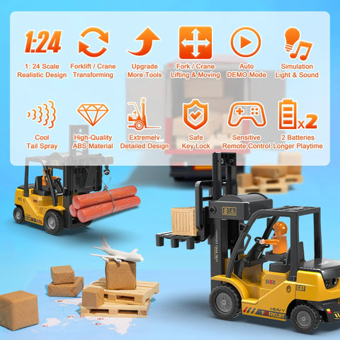 2 In 1 RC Forklift Toy With Transforming Lift And Hook Crane 11 Channel Remote Control Vehicle with pallets in action.