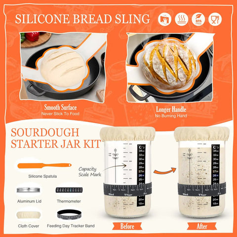 Ultimate All In One Sourdough Baking Kit With Proofing Baskets And Tools For Home Bakers; bread sling and starter jar shown.