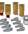 JACO industrial quick-connect air hose fittings kit, 1/4 in NPT, set of 12; brass couplers with chrome plugs front view