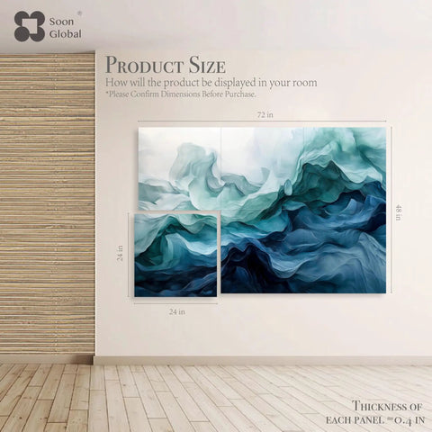 Premium Acoustic Wall Panels Amp Up Your Room Tone with Dazzling Aqua Dreams Artistry, two displayed sizes on wall.
