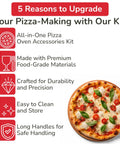 Pro Grade Home Pizza Oven Accessories Kit 6 Piece Set With Peel Oven Brush Bubble Popper Turner Rocker Cutter Dough Roller And Scraper Ideal For Home Pizzeria Nights Easy Safe Handling With Long Handles Durable Materials features list and pizza image