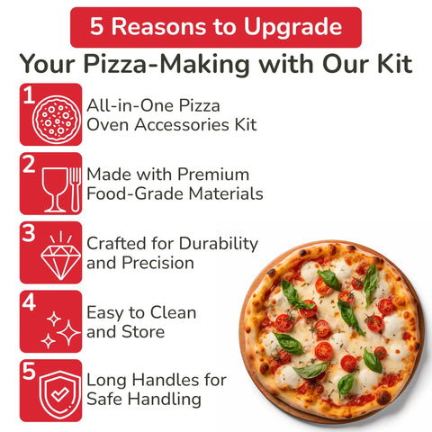 Pro Grade Home Pizza Oven Accessories Kit 6 Piece Set With Peel Oven Brush Bubble Popper Turner Rocker Cutter Dough Roller And Scraper Ideal For Home Pizzeria Nights Easy Safe Handling With Long Handles Durable Materials features list and pizza image