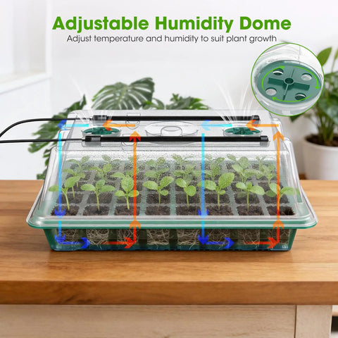 Seed Starter Tray With Grow Light 2 Pack 80-Cell Seedling Starter Kit With Smart Timer And Humidity Dome on a wooden table