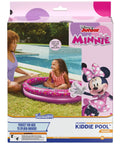 Minnie Mouse Kiddie Pool For Backyard Fun Inflatable Above Ground Pool With Easy Setup Durable Kid Friendly Pool Toy For Outdoor Play Great Minnie Theme Party Supplies And Pool Toy For Ages 3 And Up shown on packaging.