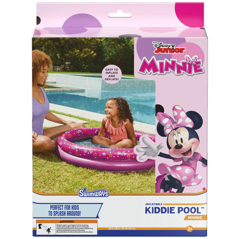 Minnie Mouse Kiddie Pool For Backyard Fun Inflatable Above Ground Pool With Easy Setup Durable Kid Friendly Pool Toy For Outdoor Play Great Minnie Theme Party Supplies And Pool Toy For Ages 3 And Up shown on packaging.