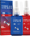 Thread Locker two-pack bottles by Eskonke, blue 243 (medium) and red 271 (high) with box.