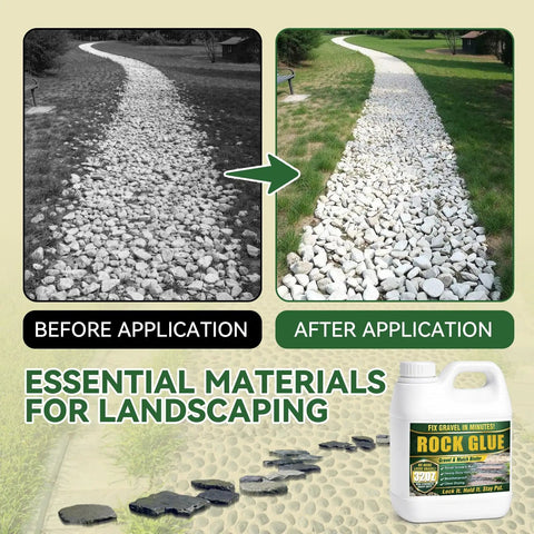 Before and after use of Beefed Up Gravel Glue For Landscaping That Locks Pebbles In Place, 32 oz bottle, with product image.