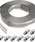 Stainless steel hose clamp assortment: 13 ft metal strap roll plus eight worm-gear clamps