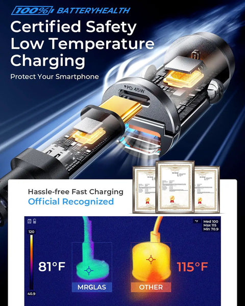 Heavy Duty Slick Hella Fast 90W Car Charger Adapter With PD 45W QC 45W Dual Port USB C Cable showing low temperature charging safety features.