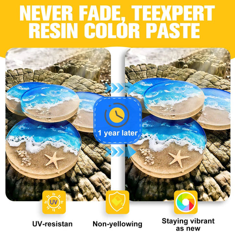 Teexpert resin pigment paste set, front view; round epoxy resin coasters with blue ocean beach scene.