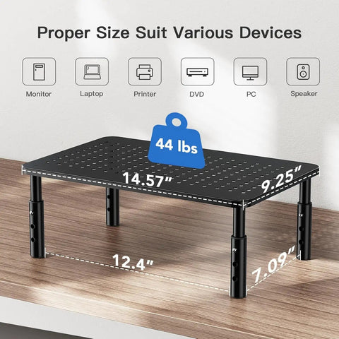 Image of Dual Monitor Desk Stand With Height Adjustable Riser Laptop And Monitor Stand For Two Screens 14.5 By 9.1 Platform Under Desk Storage Black Two Pack Ergonomic Setup, showcasing dimensions and weight capacity.