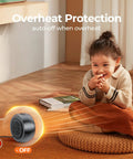 Portable 500W PTC Ceramic Space Heater with overheat protection in a cozy indoor setup, highlighting safety feature with a child playing nearby.