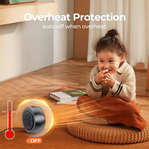 Portable 500W PTC Ceramic Space Heater with overheat protection in a cozy indoor setup, highlighting safety feature with a child playing nearby.
