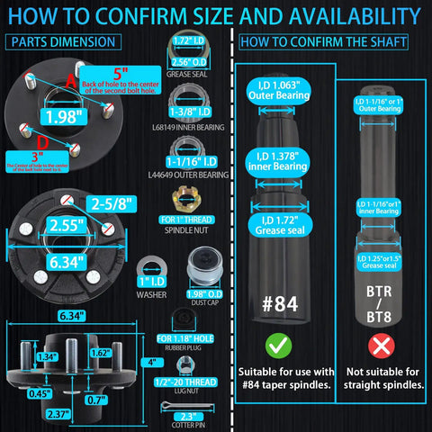 Diagram of 2 Pack Trailer Hub Kit 5 On 5 For 3500 Lb Axles with parts dimensions, spindle compatibility, and installation instructions.