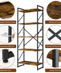 Clean Five Tier Bookshelf In Rustic Brown Industrial Tall Bookcase with sturdy thick frame and adjustable feet for home office use.
