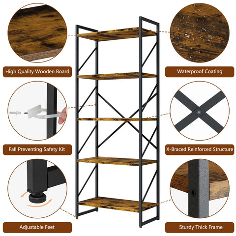 Clean Five Tier Bookshelf In Rustic Brown Industrial Tall Bookcase with sturdy thick frame and adjustable feet for home office use.