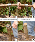 Person using Rugged Outdoor Survival Tool with manual drill wrench and Scotch eye auger for bushcrafting hand hole maker.