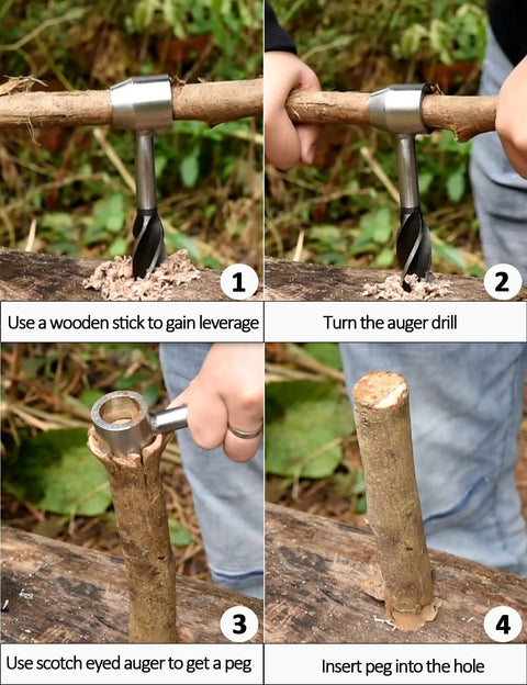 Person using Rugged Outdoor Survival Tool with manual drill wrench and Scotch eye auger for bushcrafting hand hole maker.
