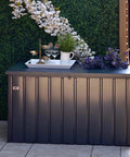 Front view of Outdoor Deck Box 120 Gallon Waterproof Lockable Storage Container With Lid For Patio Cushions and Garden Tools