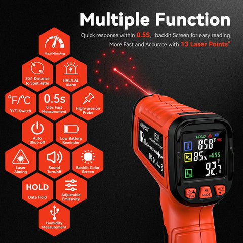 Infrared Thermometer Gun With Digital Readout And K Type Probe 50 To 1 Pyrometer For Kiln Forge Furnace Heavy Duty Industrial Use Humidity Sensor Max Min Alarm displaying functions